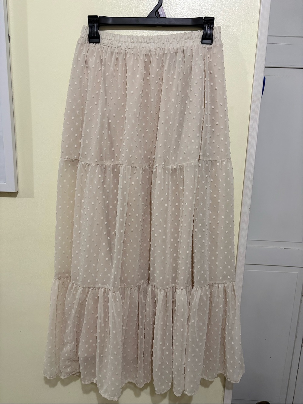 Light Beige Swiss Dot Tiered Maxi Skirt